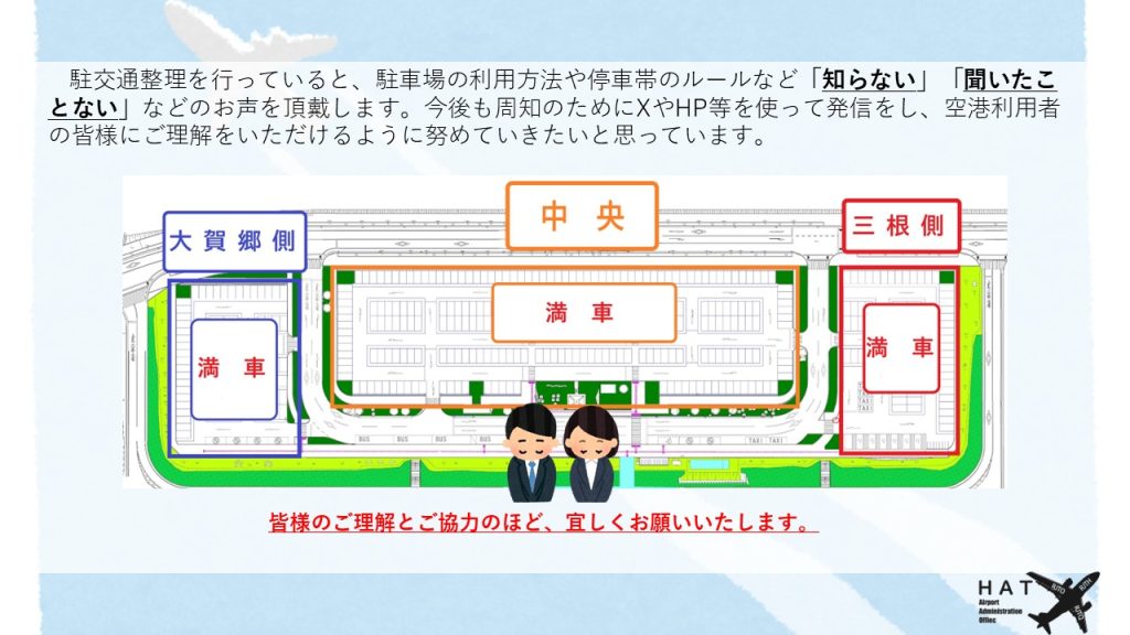 駐交通整理を行っていると、駐車場の利用方法や停車帯のルールなど「知らない」「聞いたことない」などのお声を頂戴します。今後も周知のためにXやHP等を使って発信をし、空港利用者の皆様にご理解をいただけるように努めていきたいと思っています。 皆様のご理解とご協力のほど、宜しくお願いいたします。