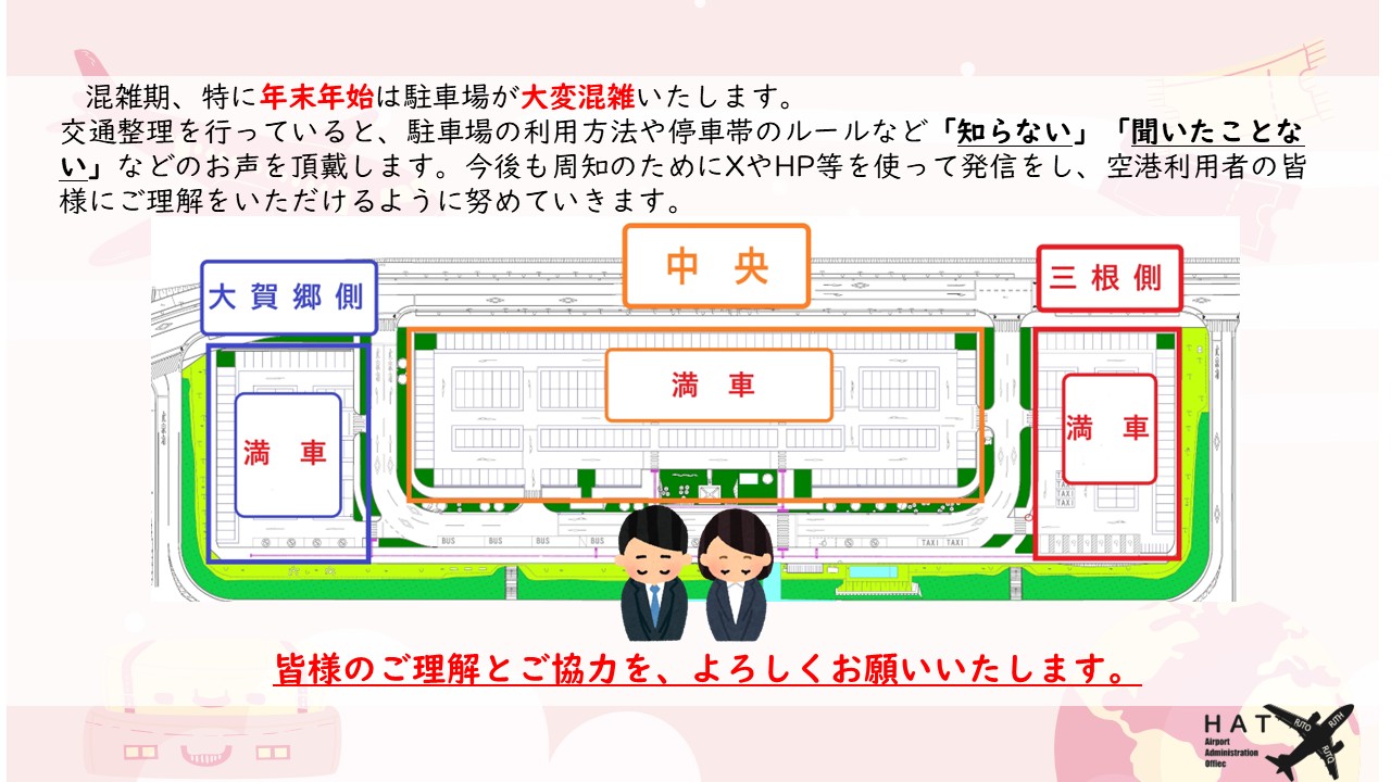混雑期、特に年末年始は駐車場が大変混雑いたします。 交通整理を行っていると、駐車場の利用方法や停車帯のルールなど「知らない」「聞いたことない」などのお声を頂戴します。今後も周知のためにXやHP等を使って発信をし、空港利用者の皆様にご理解をいただけるように努めていきます。皆様のご理解とご協力を、よろしくお願いいたします。 